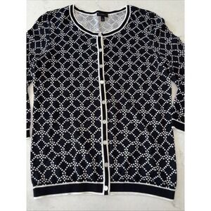 Talbots Button-Up Cardigan Sweater Cotton Blend Small 3/4 Sleeves Black‎ White